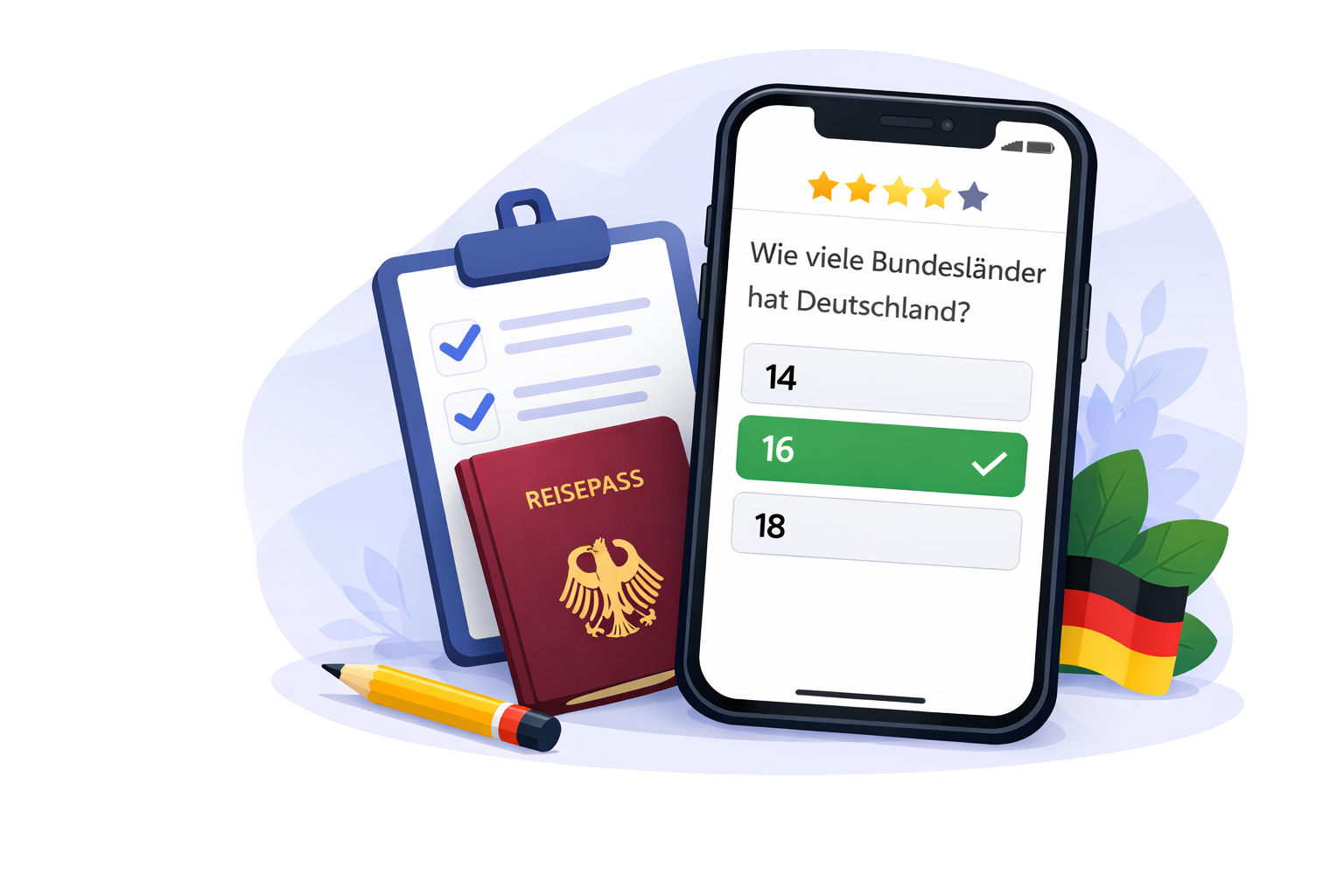 Handy mit Quizfrage, Merkzettel, Reisepass und Lernmaterialien